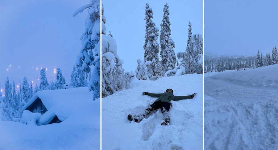 loads of snow and a woman making snow angels in trysil